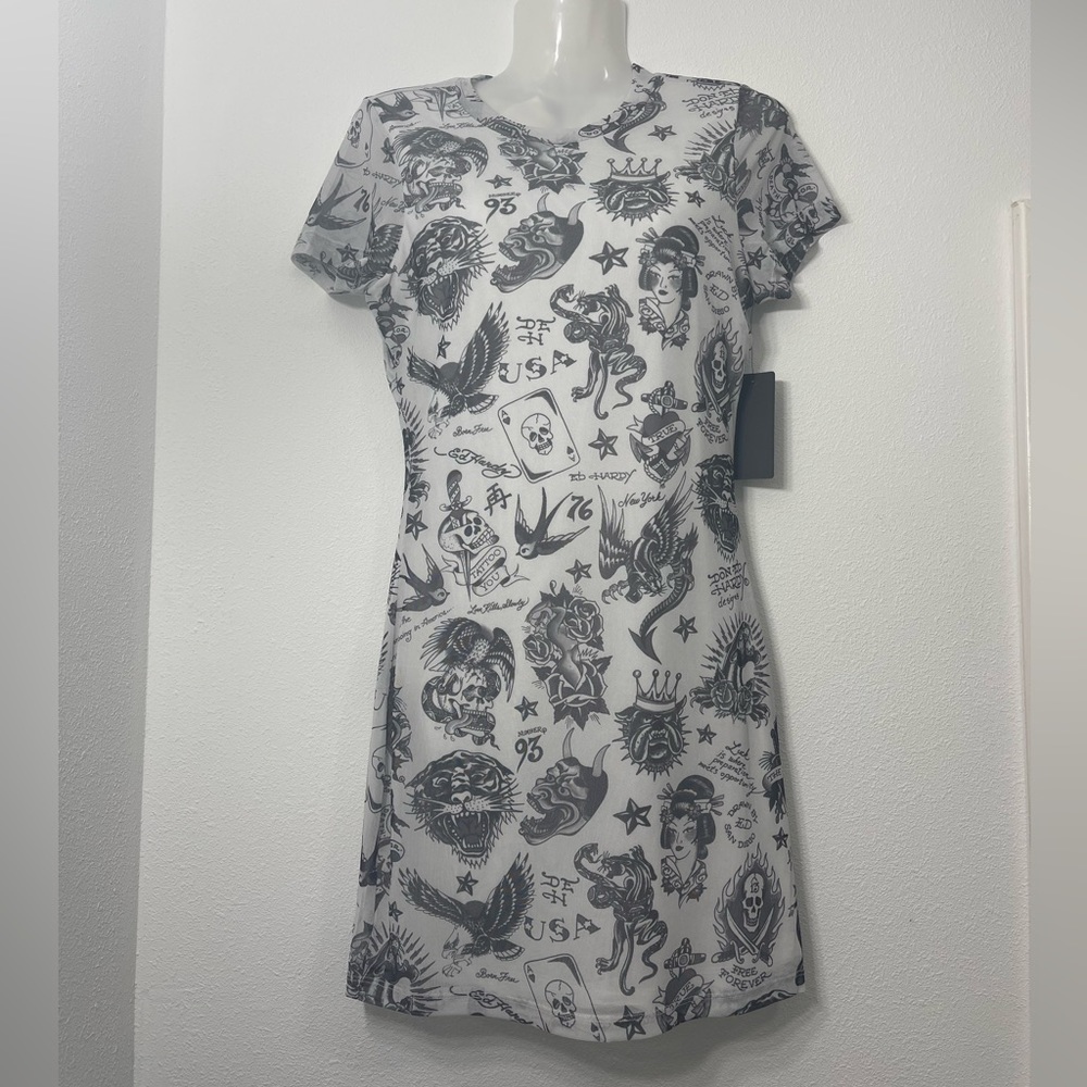 Ed Hardy White and Black Tattoo Print Mini Dress